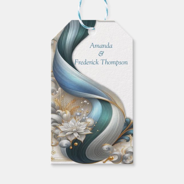 Chic Elegant Swirls in Guld, Silver, Blue, Gult Presentetikett (Framsidan)