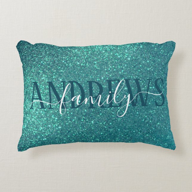 Chic Elegant Teal Blue Sparkly Glitter Family Prydnadskudde (Framsidan)