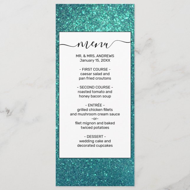 Chic Elegant Teal Blue Sparkly Glitter Meny (Framsida)