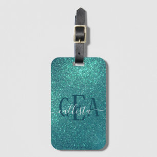 Chic Elegant Teal Blue Sparkly Glitter Monogram Bagagebricka
