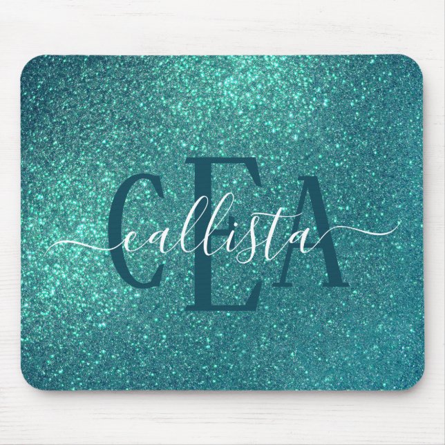 Chic Elegant Teal Blue Sparkly Glitter Monogram Musmatta (Framsidan)