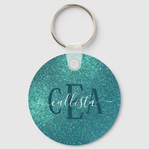 Chic Elegant Teal Blue Sparkly Glitter Monogram Nyckelring