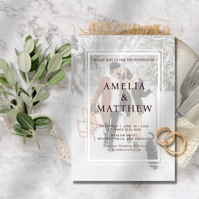 Chic Elegant två fotominimalistiskt vinterbröllop Inbjudningar (rustic winter fall photo wedding  invitation romantic elegant minimalist simple modern )