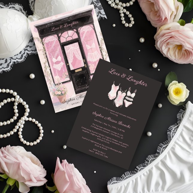 Chic Elegant Vintage Lingerie Bridal Shower Inbjudningar (Elegant Vintage Lingerie Shop Bridal Shower Cards in Pastel Pink and Black Invitation Cards. )