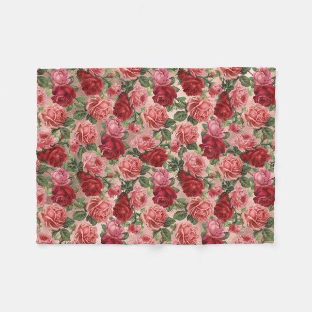 Chic Elegant Vintage Rosa Röd ros Blommigt   Fleecefilt (Framsidan (Horisontell))