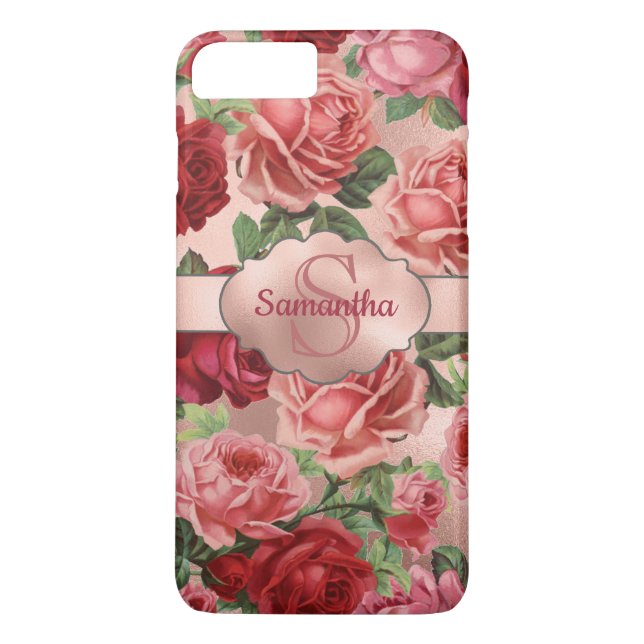 Chic Elegant Vintage Rosa Röd ros Blommigt Namn Case-Mate iPhone Skal (Baksida)