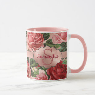 Chic Elegant Vintage Rosa Röd ros Blommigt Namn Mugg