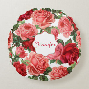Chic Elegant Vintage Rosa Röd ros blommigt namn Rund Kudde