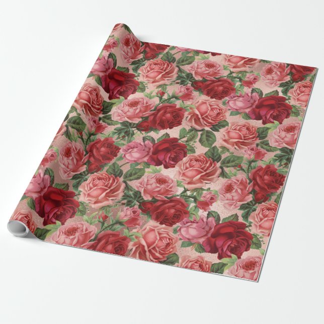 Chic Elegant Vintage Rosa Röd ros Blommigt   Presentpapper (Utrullad)