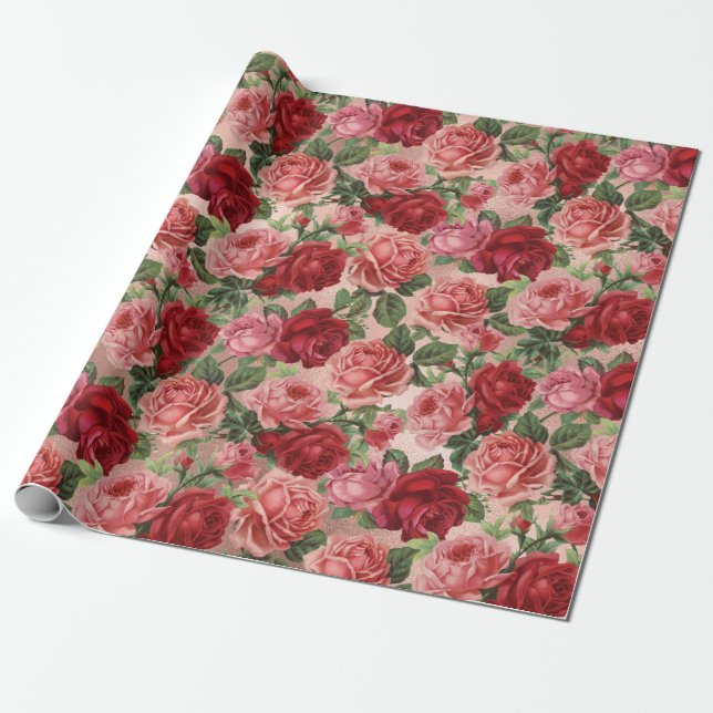 Chic Elegant Vintage Rosa Röd ros Blommigt   Presentpapper (Utrullad)