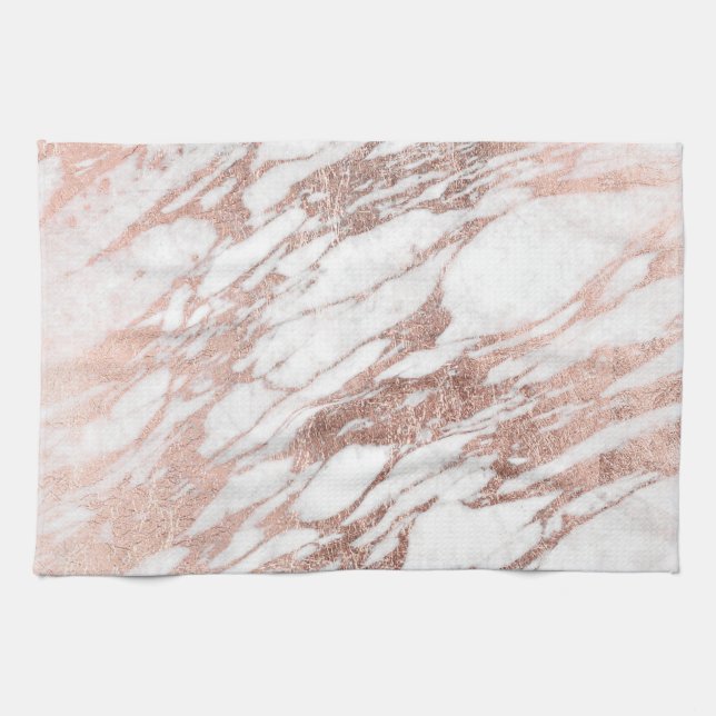 Chic elegant vit och rosa guld- marmormönster kökshandduk (Horisontell)