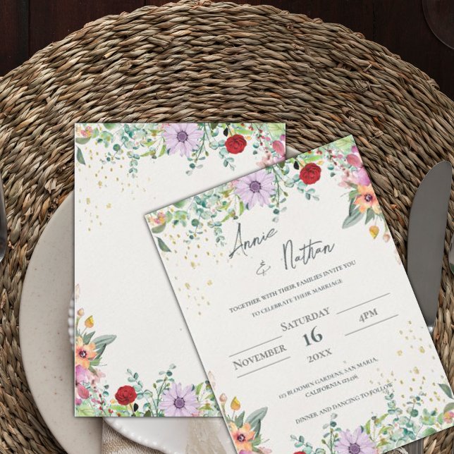 Chic Elegant Watercolor Wildblommor Blommigt Bröll Inbjudningar (Chic Elegant Watercolor Wildflowers Floral Wedding Invitation)