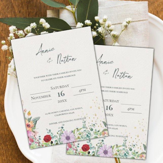 Chic Elegant Watercolor Wildblommor Blommigt Bröll Inbjudningar (Chic Elegant Watercolor Wildflowers Floral Wedding Invitation)