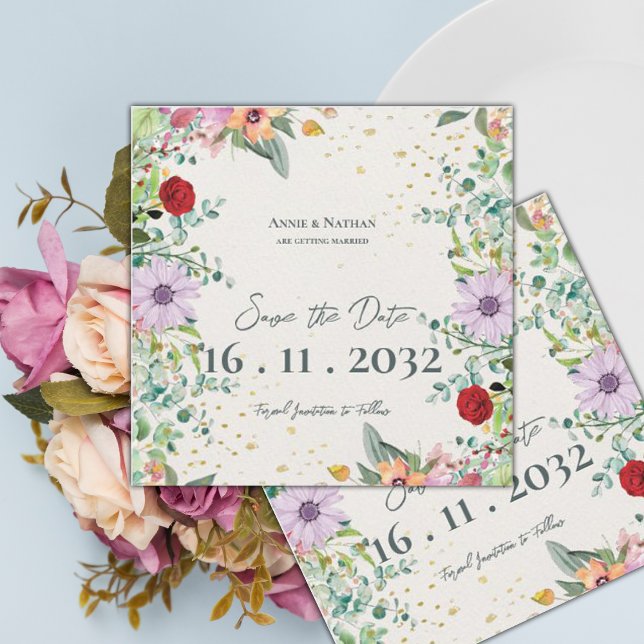 Chic Elegant Watercolor Wildblommor Blommigt Bröll Spara Datumet (Chic Elegant Watercolor Wildflowers Floral Wedding Save The Date)