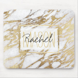 Chic Elegant White och Guld Marble Monogram Musmatta