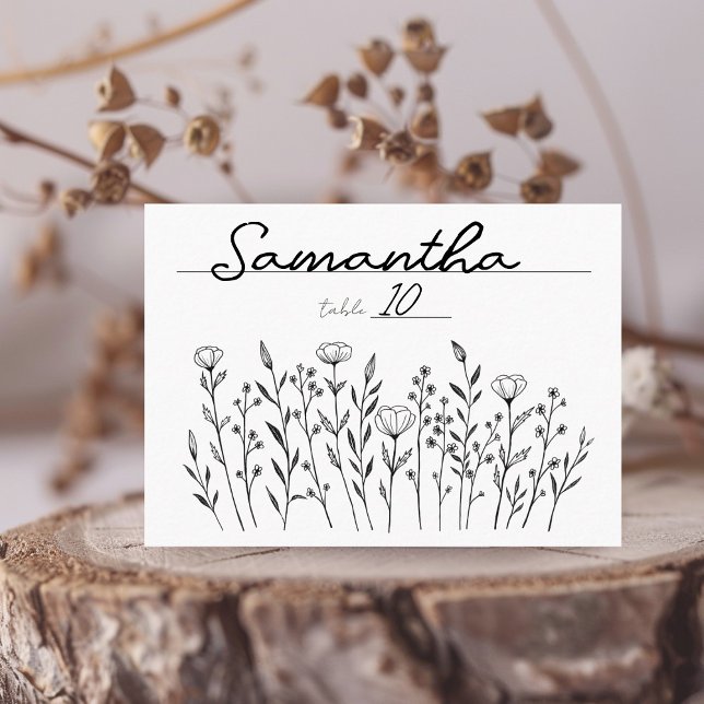 Chic Elegant Wildblommline Art Enkel Anpassningsba Placeringskort (Chic Elegant Wildflower Line Art Simple Custom Place Card
)