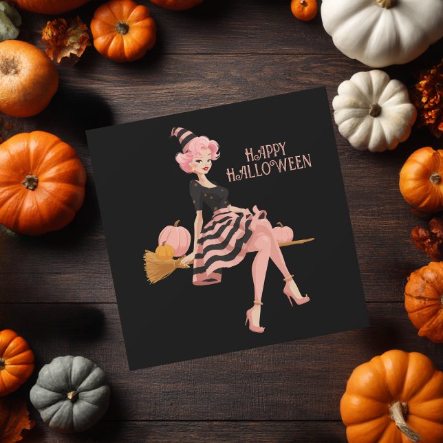 Chic Elegant Witch på Broom & Pumpkins Halloween Kort (Skapare uppladdad)