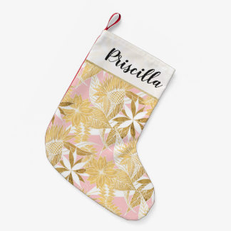 Chic eleganta guld- rosa vitblommor och löv liten julstrumpa