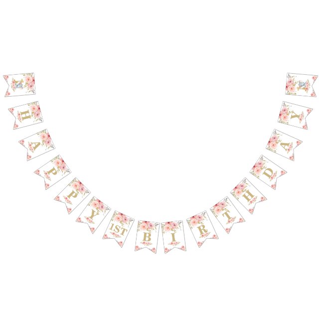 Chic Elephant 1st Birthday One Rosa Blommigt Bunti Vimplar (Alla)