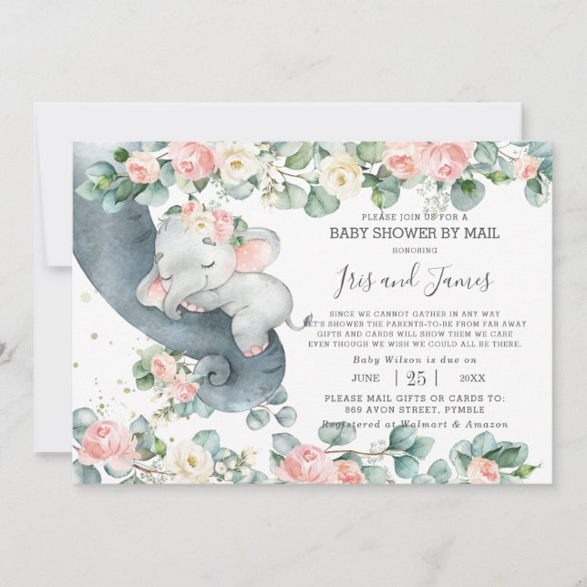 Chic Elephant Blommigt Virtuell Baby Shower by Mai Inbjudningar (Framsida)