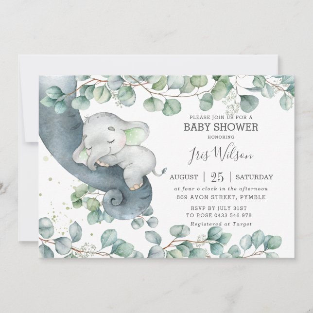 Chic Elephant Greenery Gender Neutral Baby Shower  Inbjudningar (Framsida)