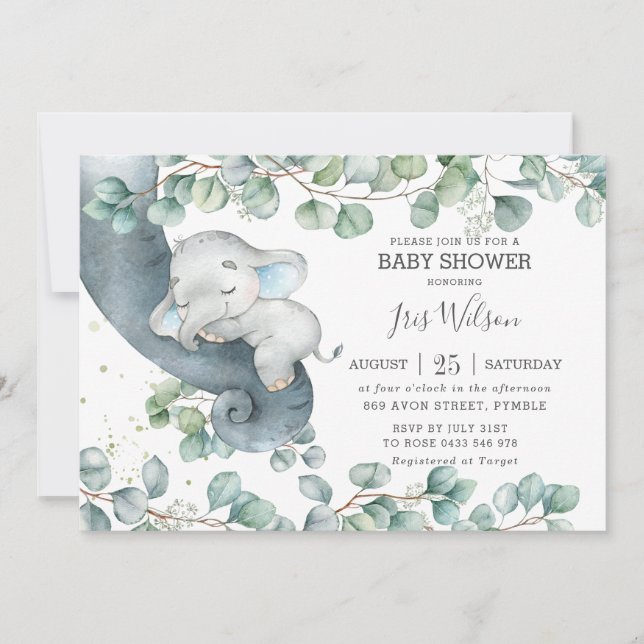 Chic Elephant Leafy Greenery Baby Shower Boy Inbjudningar (Framsida)