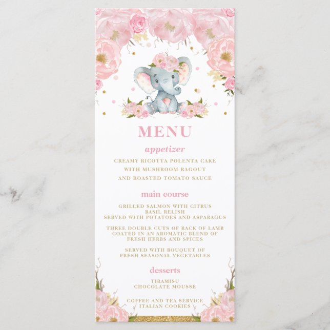 Chic Elephant  Rosa Blommigt Baby Shower Menu Program (Framsida)
