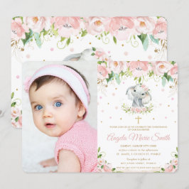 Chic Elephant  Rosa Blommigt Baptism Photo Inbjudningar