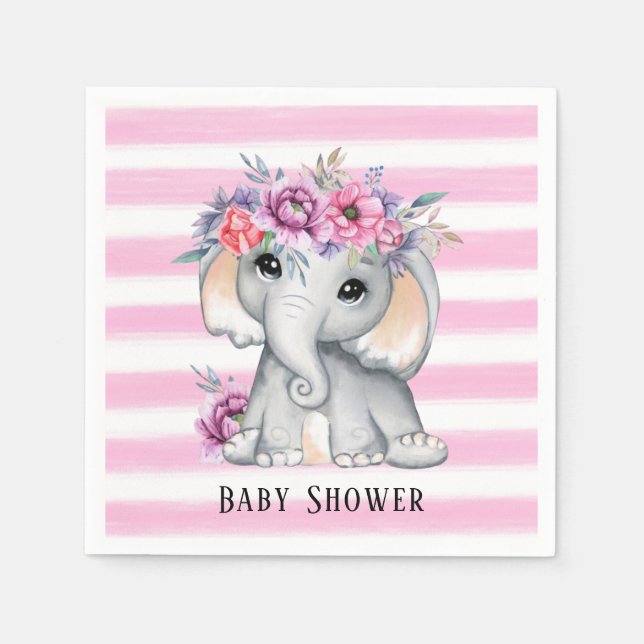 Chic Elephant Rosa Blommigt Rand Girl Baby Shower Pappersservett (Framsidan)