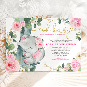 Chic Elephant Rosa ros Greenery Girl Baby Shower Inbjudningar