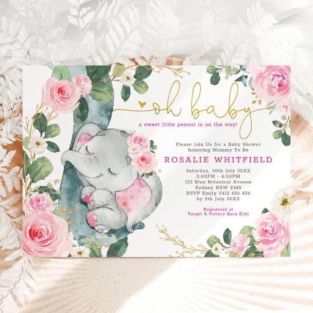 Chic Elephant Rosa ros Greenery Girl Baby Shower Inbjudningar (Skapare uppladdad)