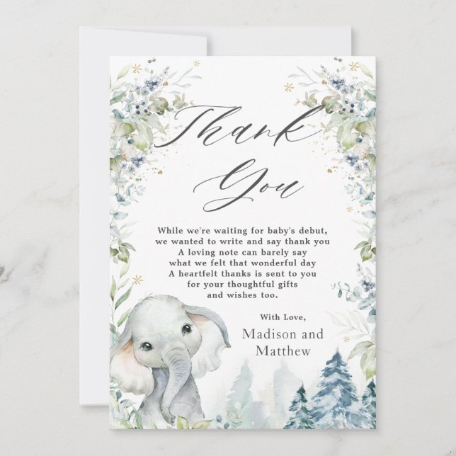 Chic Elephant Winter Wonderland Baby Shower  Tack Kort (Framsida)