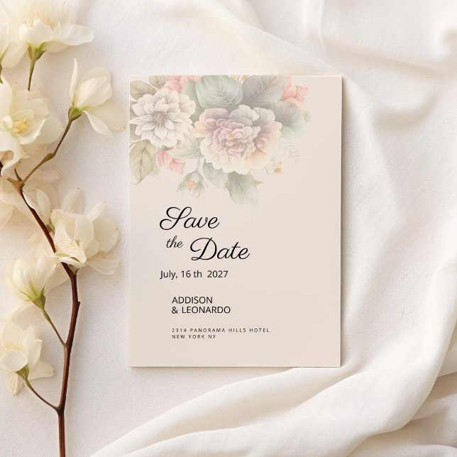 Chic Elfenben rosa blå sommartid blommigt Spara da Inbjudningar (Chic Ivory pink blue summer floral Save the Date)