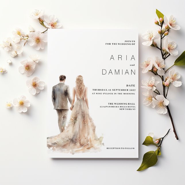 Chic elfenbensfoto guld grått blommigt med ett fot inbjudningar (Chic ivory gold gray floral couple photo Wedding )