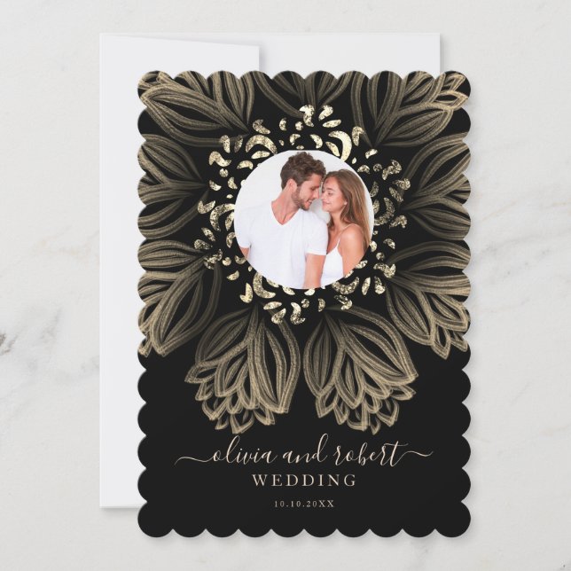 Chic Elgant Black and Guld Blommigt Photo Bröllop Inbjudningar (Framsida)