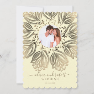 Chic Elgant Cream Beige Guld Blommigt Photo Bröllo Inbjudningar