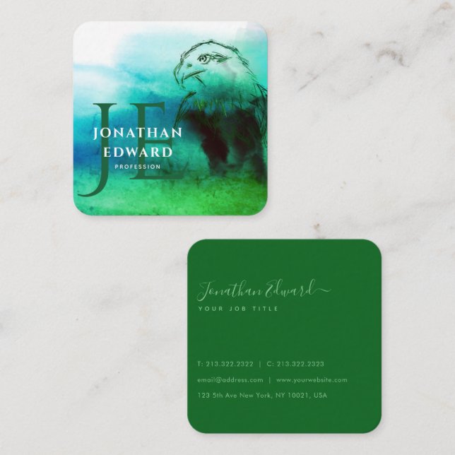 Chic Emerald American Örn Abstrakt Monogram Fyrkantigt Visitkort (Fram/baksida)