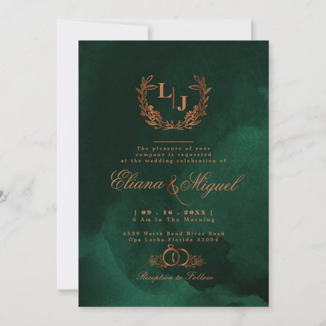 Chic Emerald Copper Calligraphy Monogram Bröllop Inbjudningar (Framsida)