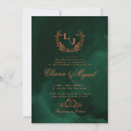 Chic Emerald Copper Calligraphy Monogram Bröllop Inbjudningar