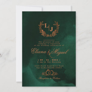 Chic Emerald Copper Calligraphy Monogram Bröllop Inbjudningar