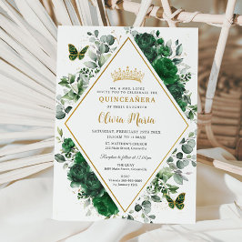 Chic Emerald Green Floral Butterflies Quinceañera Inbjudningar
