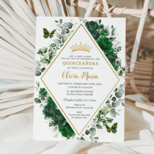 Chic Emerald Green Floral Butterflies Quinceañera Inbjudningar