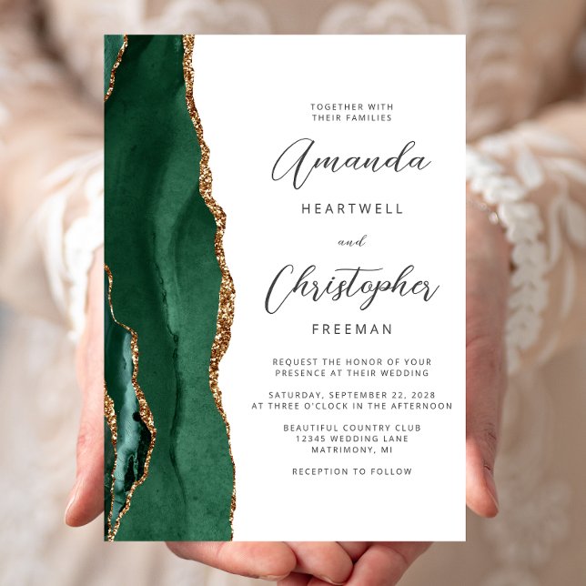 Chic Emerald Green Gold Agate Script Wedding Inbjudningar (Skapare uppladdad)