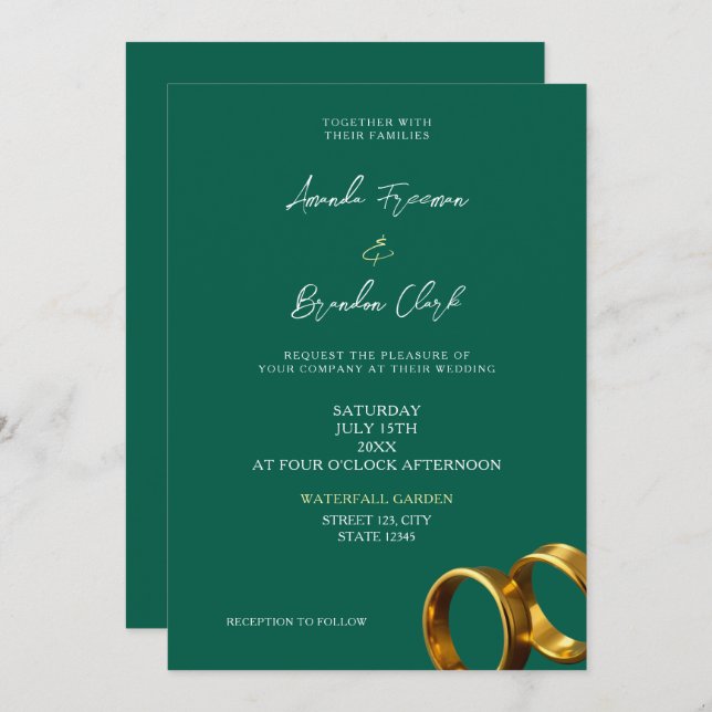 Chic Emerald Green Gold Rings Wedding Inbjudningar (Fram/baksida)