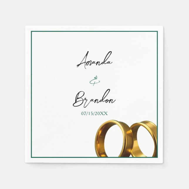 Chic Emerald Green Gold Rings Wedding Pappersservett (Framsidan)