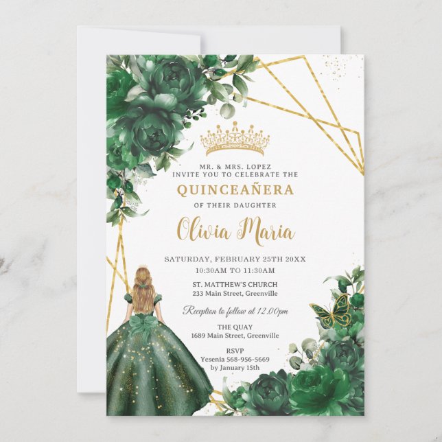 Chic Emerald Grönt Blommigt Blonde Girl Quinceañer Inbjudningar (Framsida)