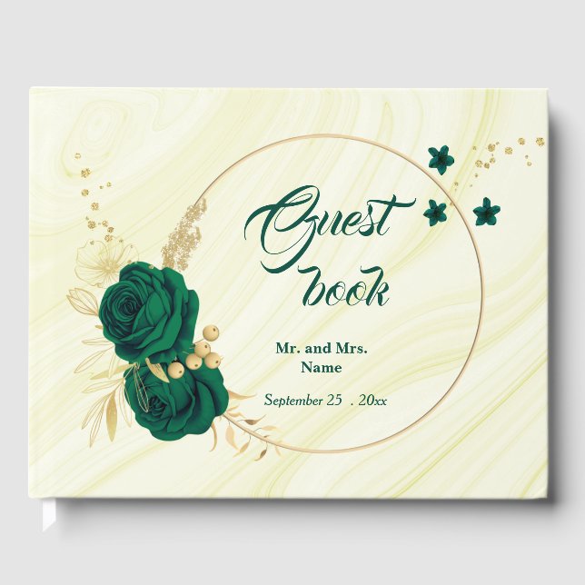 chic emerald grönt blommigt guld löv geometric gästböcker (Framsida)