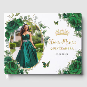 Chic Emerald Grönt Blommigt Guld Quinceanera Photo Gästböcker