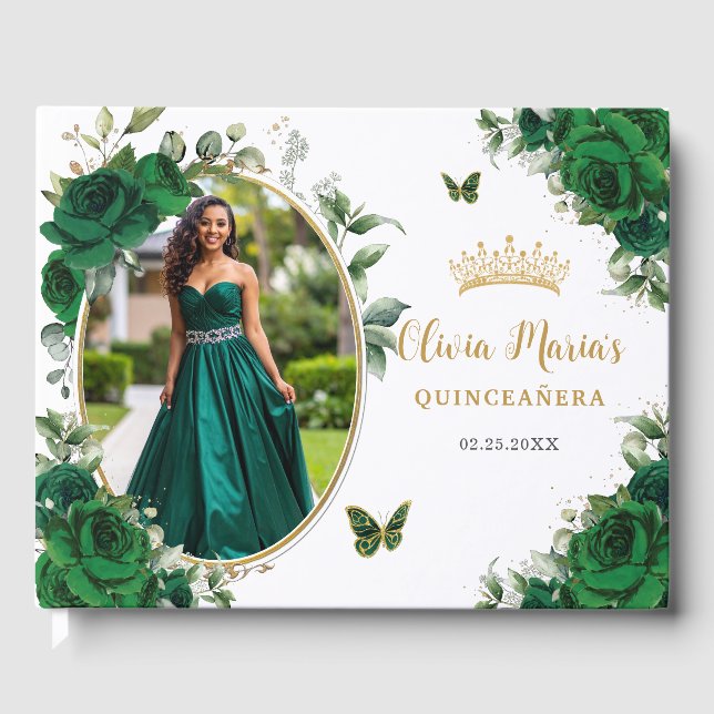 Chic Emerald Grönt Blommigt Guld Quinceanera Photo Gästböcker (Framsida)
