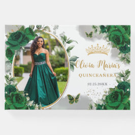 Chic Emerald Grönt Blommigt Guld Quinceanera Photo Gästböcker